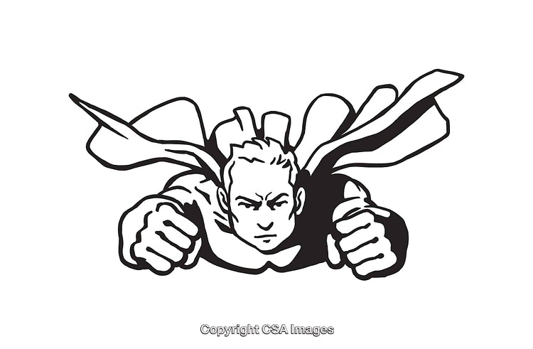 Illustration of Superhero Flying With a Flowing Cape in Black and White