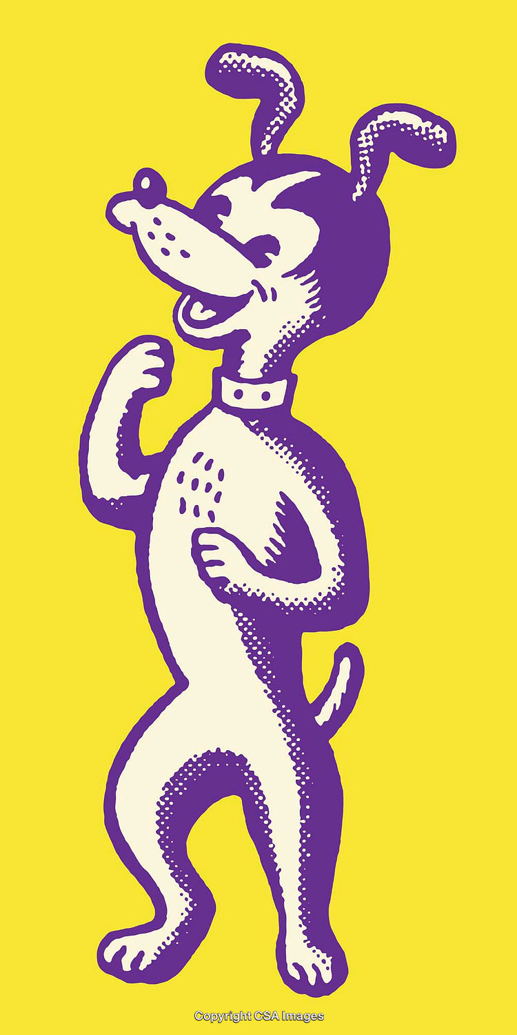 Retro Styled Illustration of a Cheerful Cartoon Dog on Yellow Background