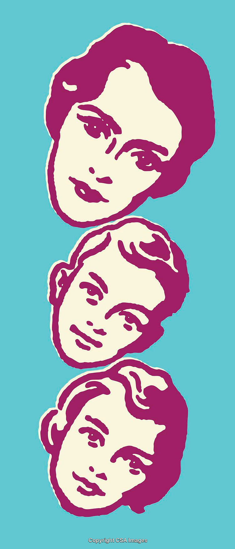 Retro Pop Art Illustration of Three Stacked Faces on Blue Background