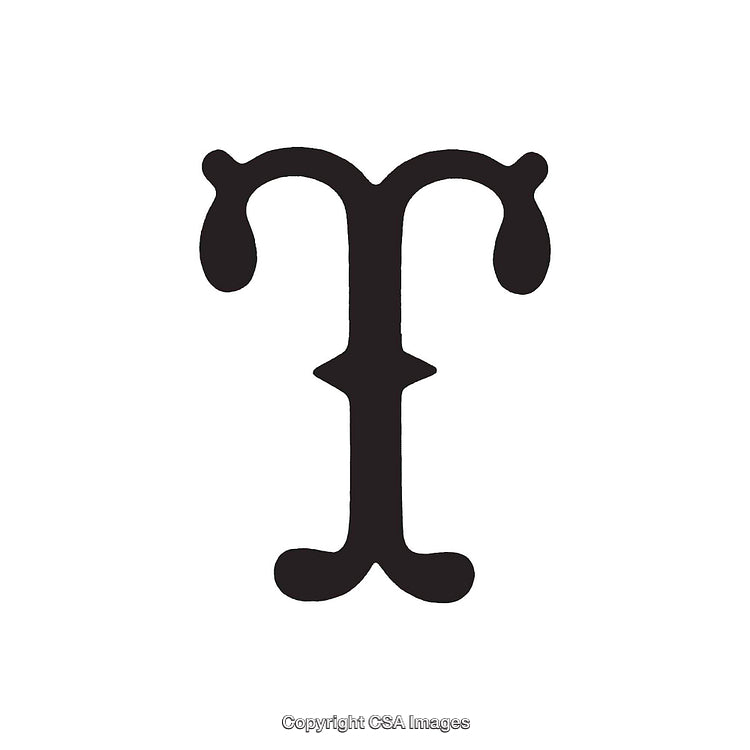 Stylized Black Letter T in Decorative Typography on White Background