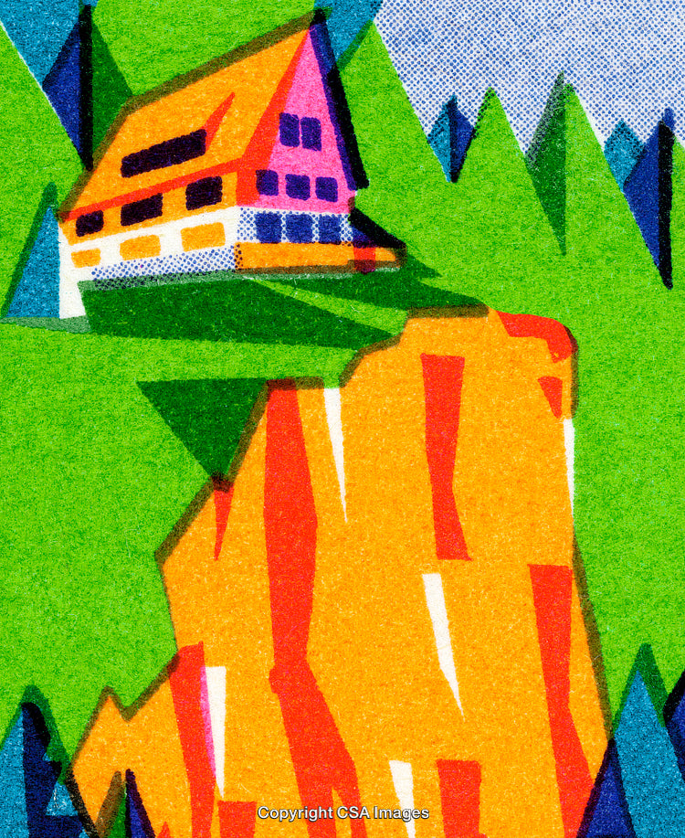 Colorful Cabin On a Cliffside Surrounded by Stunning Mountain Landscapes