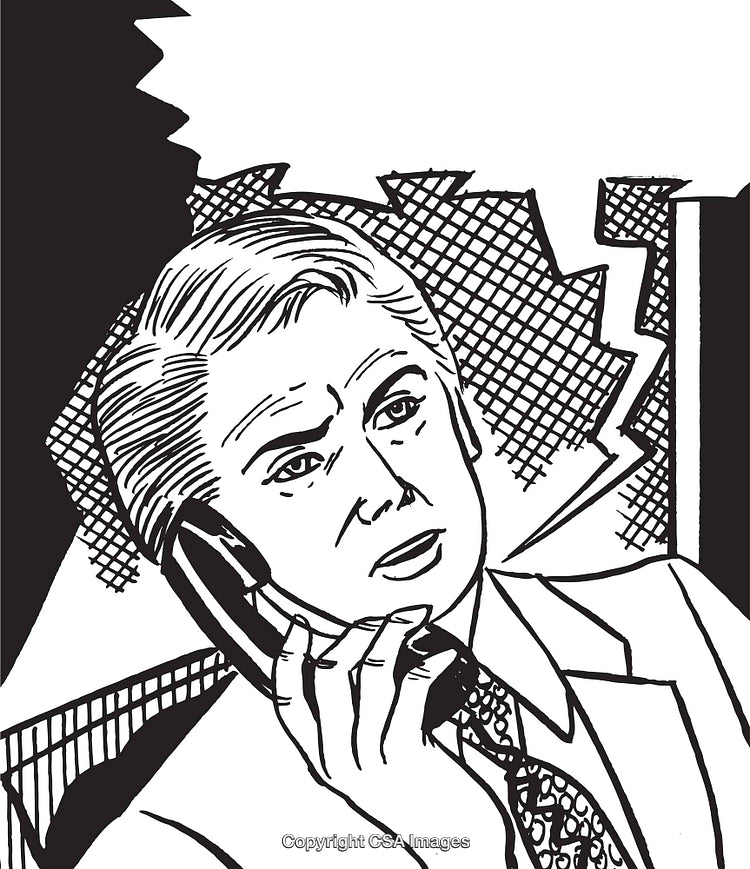 Black and White Illustration of a Concerned Businessman on the Phone