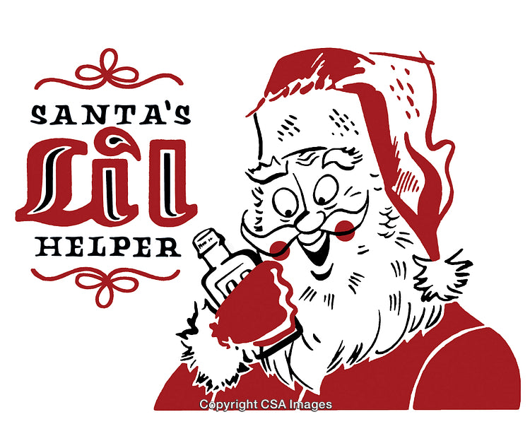 Retro Christmas Santa Illustration Holding a Bottle in a Festive Design