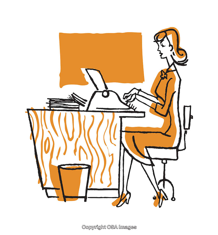 Vintage Illustration of a Woman Typing at a Desk