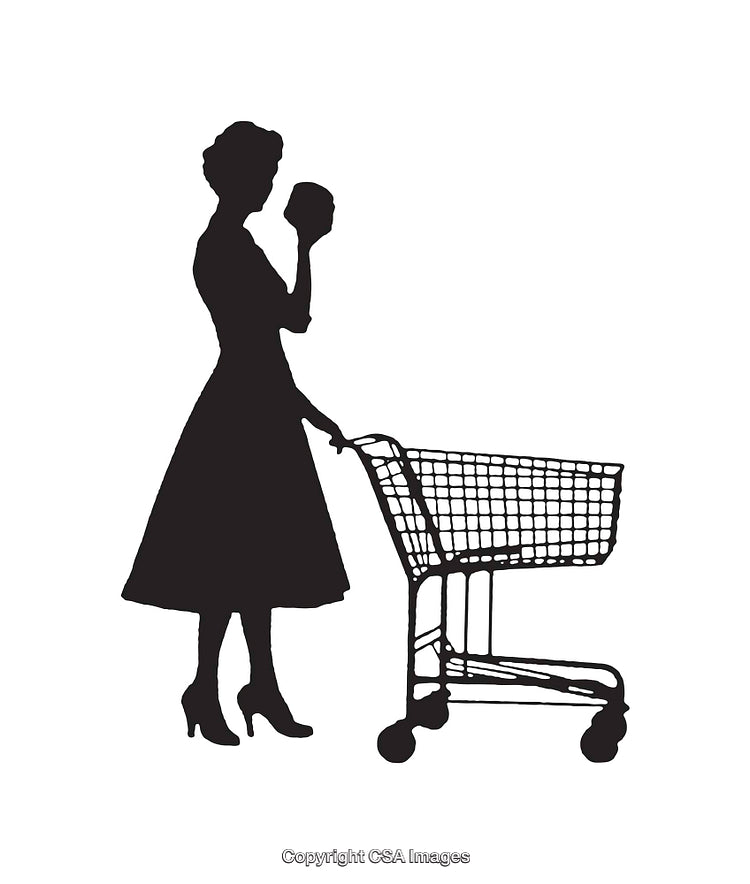 Black and White Retro Woman Shopping with Cart Silhouette Illustration