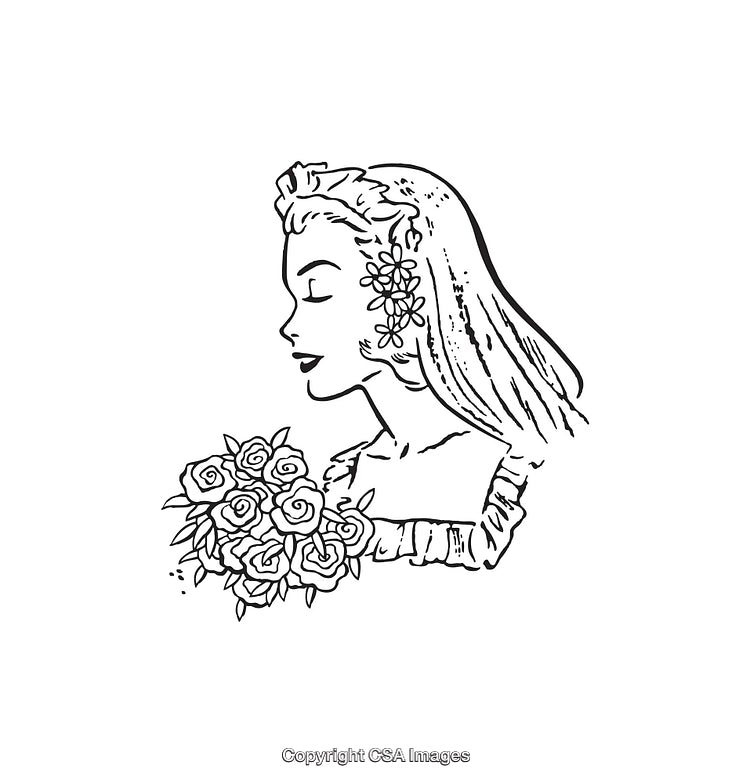 Elegant Line Art of a Bride Holding a Rose Bouquet