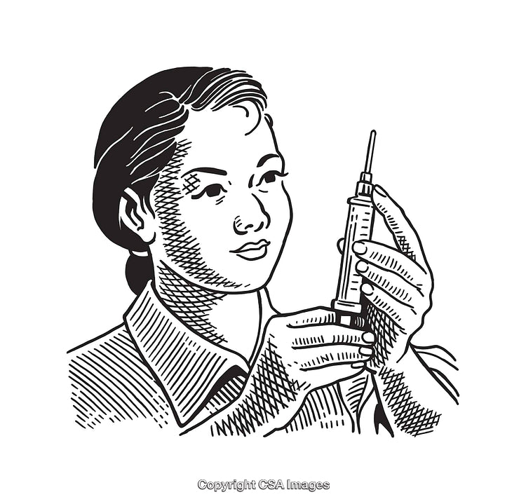 Black and White Illustration of a Nurse Holding a Medical Syringe