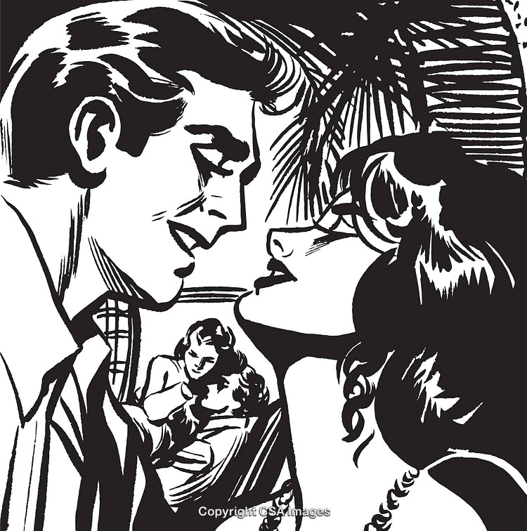 Vintage Romantic Illustration Depicting Passionate Moment in Classic Comic Style
