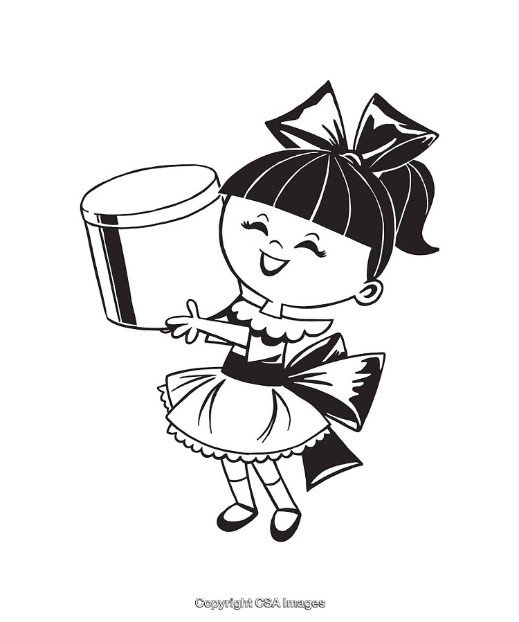 Cute Girl Holding a Drum in Black and White Illustration