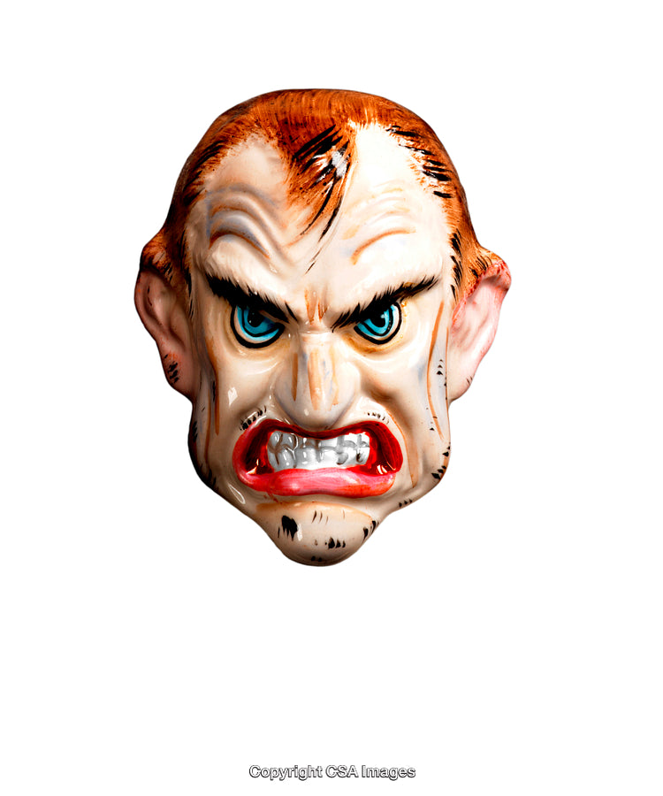 Angry Plastic Character Mask with Bright Colors and Intense Expression