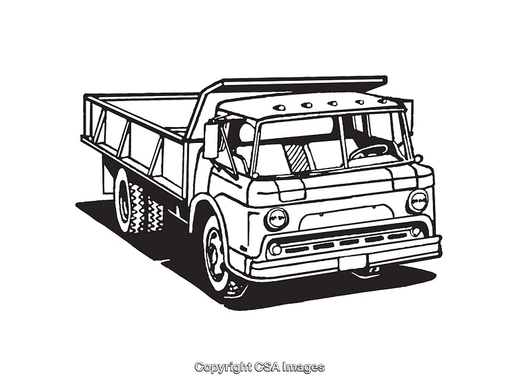 Black and White Line Art Illustration of a Classic Old Truck