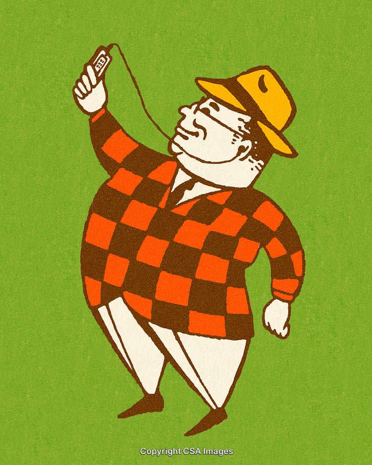 Cartoon Illustration of Smiling Man in Plaid Outdoors with Green Background