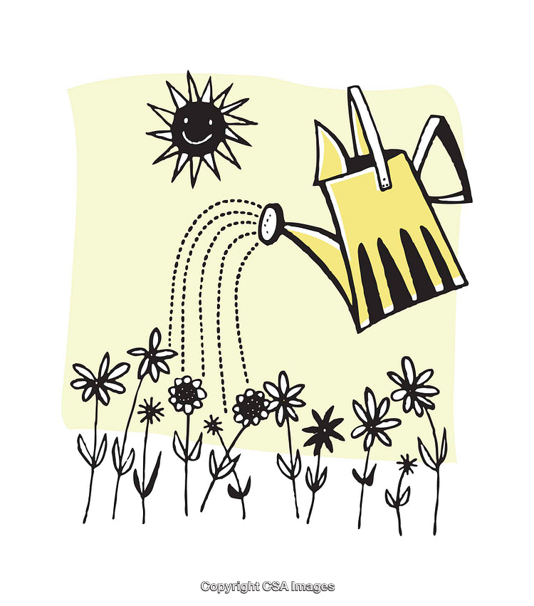 Colorful Sketch Style Illustration of Watering Flowers Under a Smiling Sun