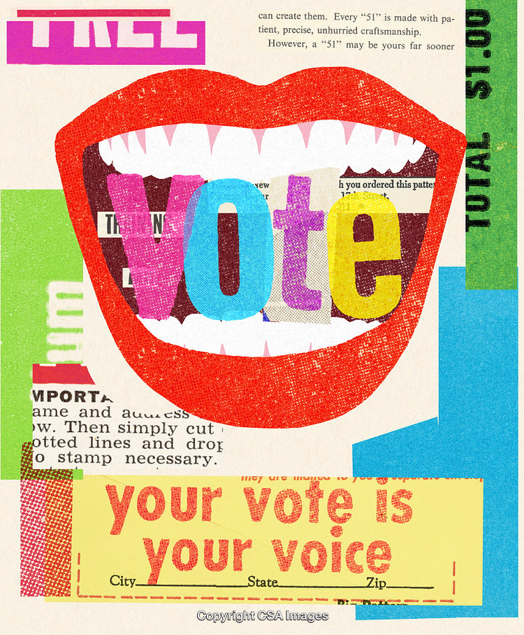 Creative Collage Promoting Voting with Bold Typography and Retro Aesthetic
