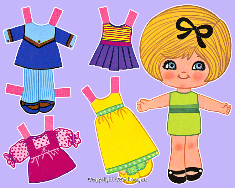 Vintage Paper Doll With Outfits on a Purple Background