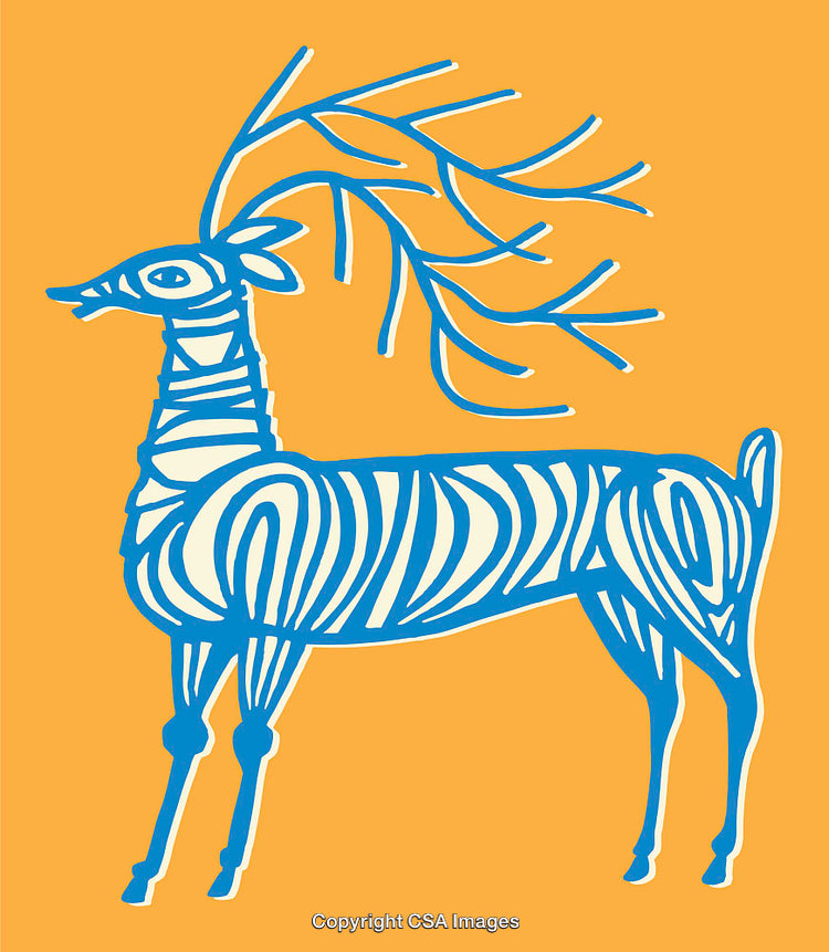 Stylized Blue Deer Design on an Orange Background with Artistic Linework