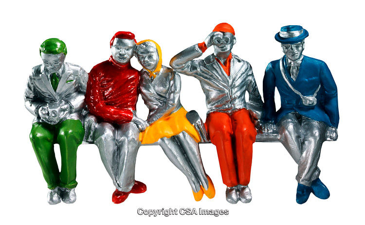 Colorful Figurines Sitting Together on a Bench in Artistic Representation
