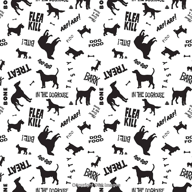 Black and White Dog Pattern Featuring Silhouettes and Playful Typography