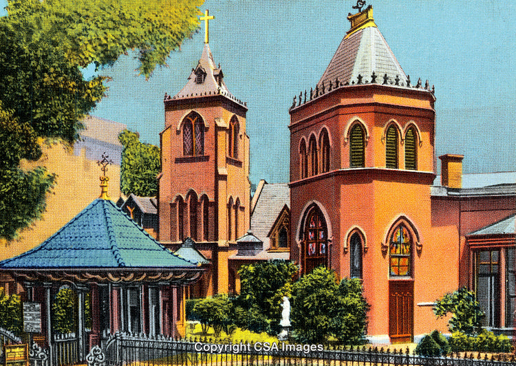 Vintage Illustration of a Church with Gothic Architecture and Stained Glass Windows