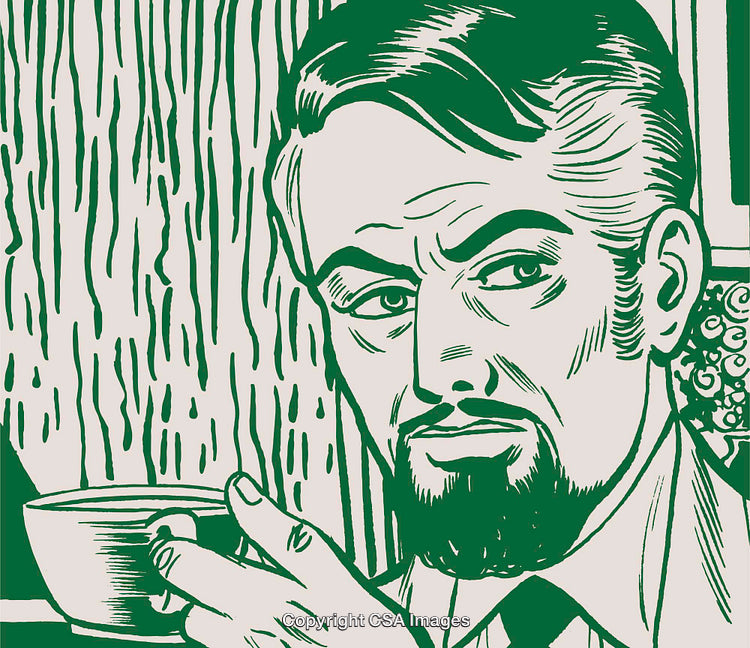 Stylized Illustration of a Thoughtful Man Holding a Coffee Mug