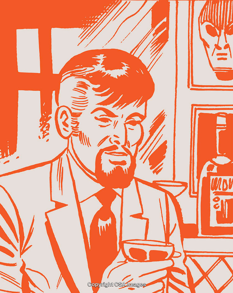 Stylized Illustration of a Man Enjoying a Drink in a Lounge