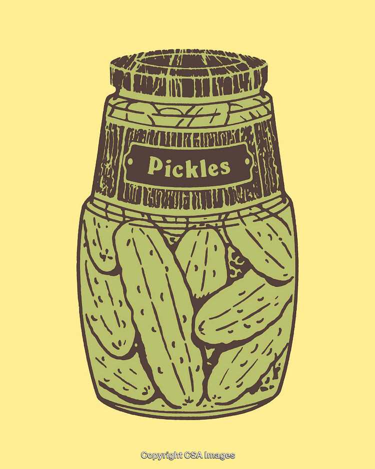 Vintage Line Art Illustration of a Pickle Jar on Light Yellow Background