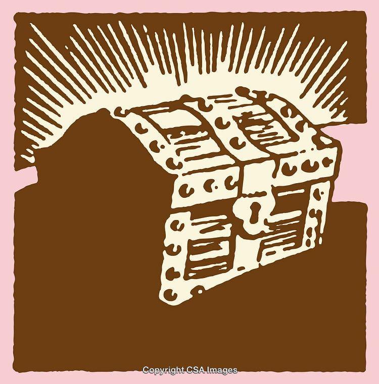 Vintage-Style Colored Illustration of a Glowing Closed Treasure Chest