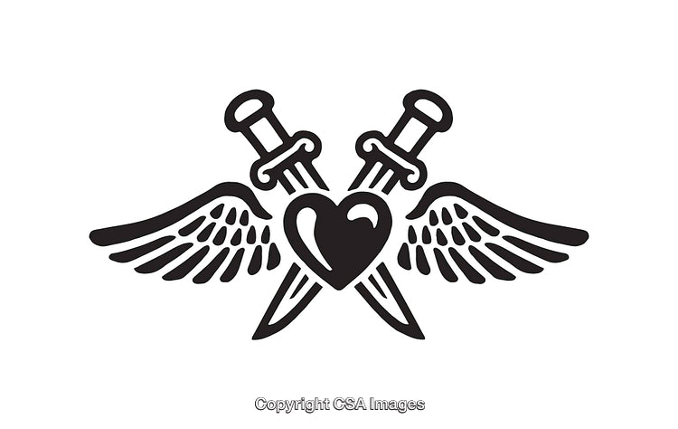 Stylized Black and White Art of Heart with Wings and Knives