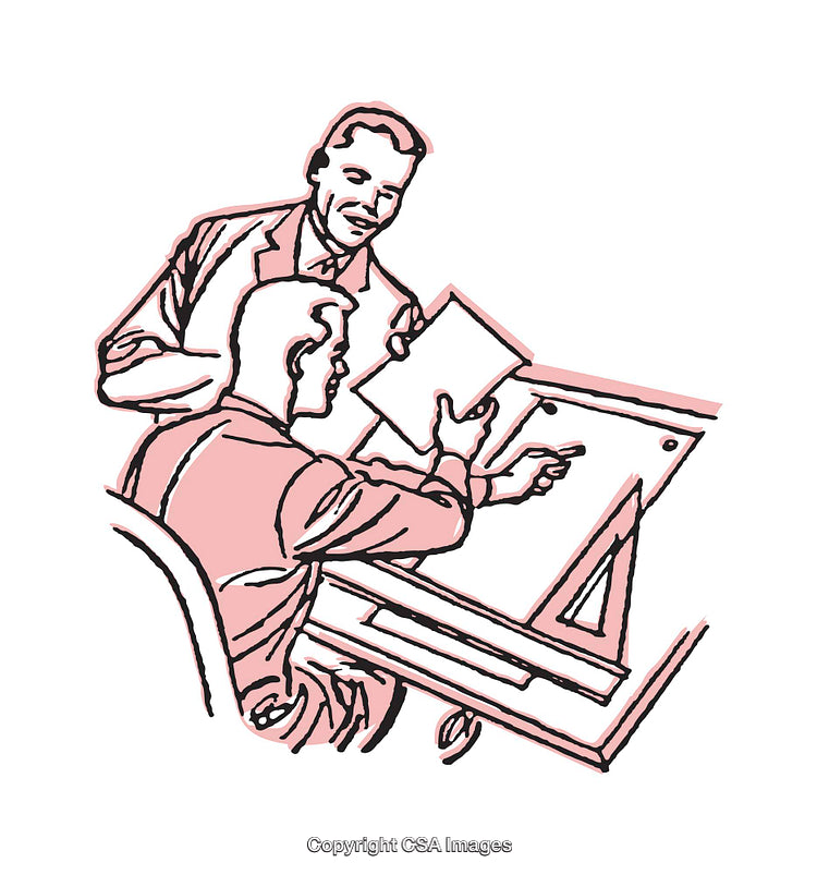 Illustration of Colleagues Collaborating Over Architectural Plans