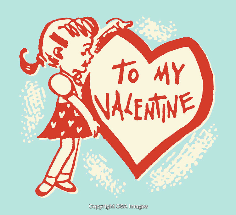 Vintage Valentine Illustration Featuring Girl with Decorative Heart Design