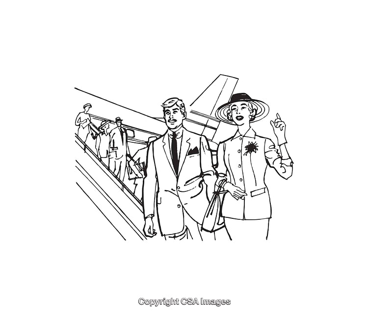 Stylish Couple Boarding Airplane in Retro Line Art Illustration
