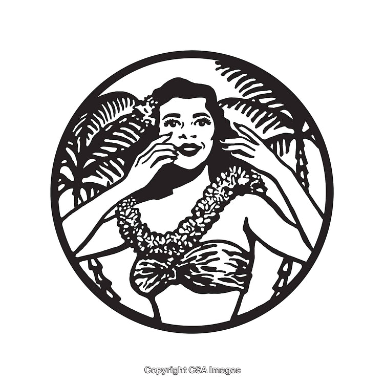 Vintage Hawaiian Themed Illustration of a Smiling Woman With Palm Trees