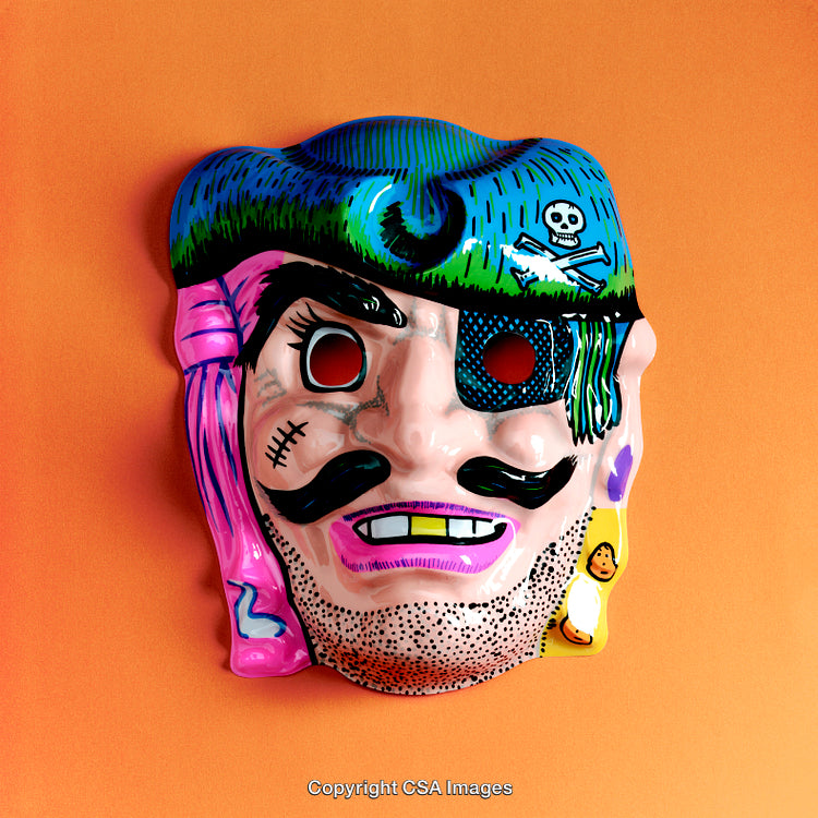 Colorful Pirate Mask with Traditional Design on Vibrant Orange Background