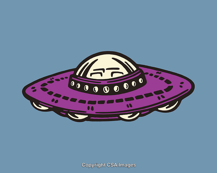 Colorful Cartoon Illustration of a Flying Saucer UFO on Blue Background