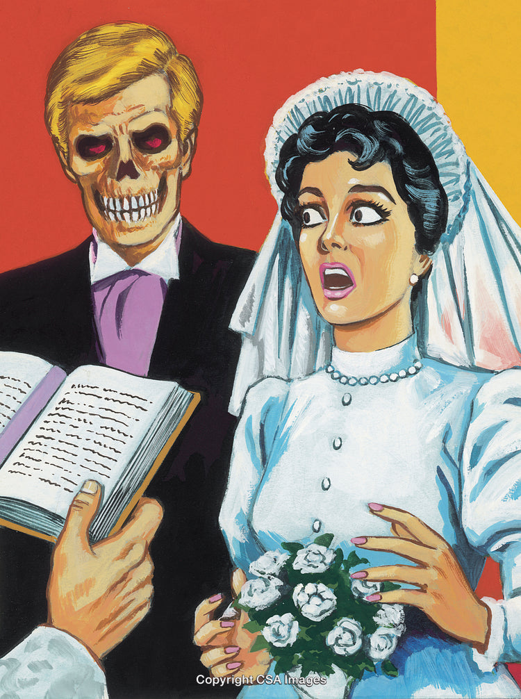 Vintage-Style Illustration of Bride and Skeletal Groom in a Dramatic Scene
