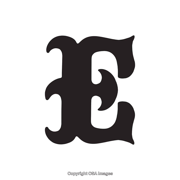 Stylized Gothic Letter E in Bold Black on White Background