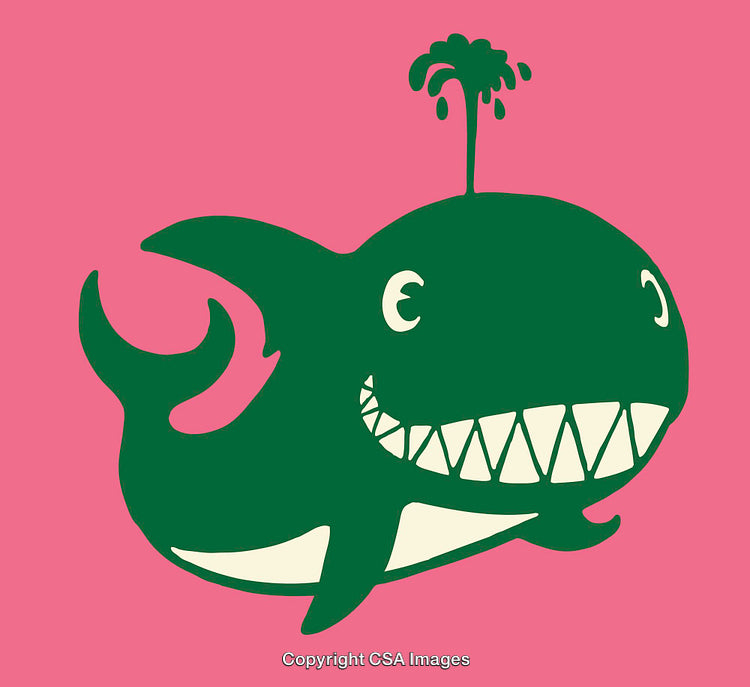 Whimsical Cartoon Whale Illustration on Bold Pink Background