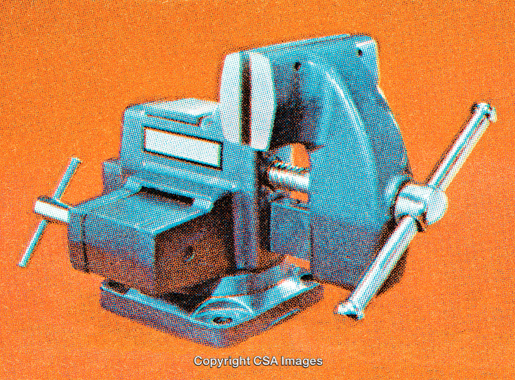 Blue Workbench Vise Illustrated with Retro Print-Style Dot Screens