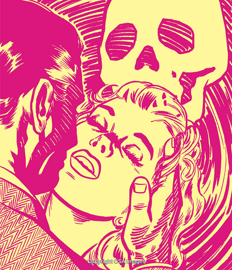 Dynamic Retro-Inspired Art Depicting a Dramatic Romantic and Mysterious Scene