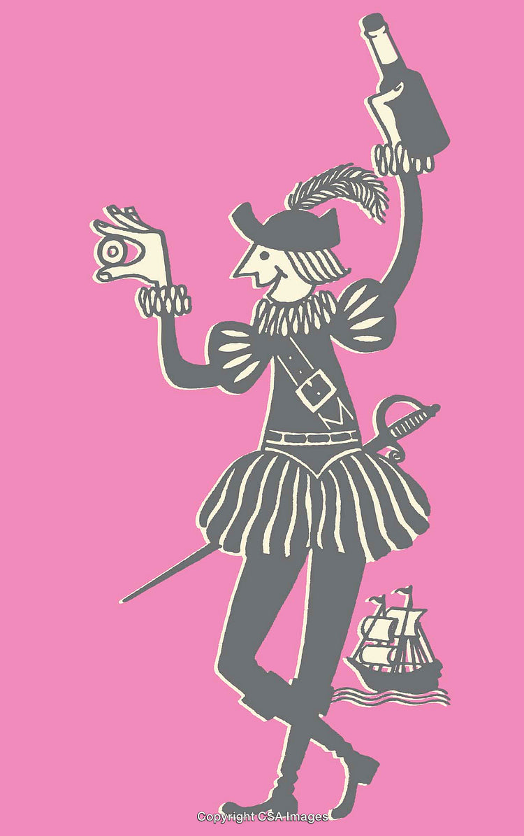 Stylized Historical Figure in Vintage Line Art on Pink Background
