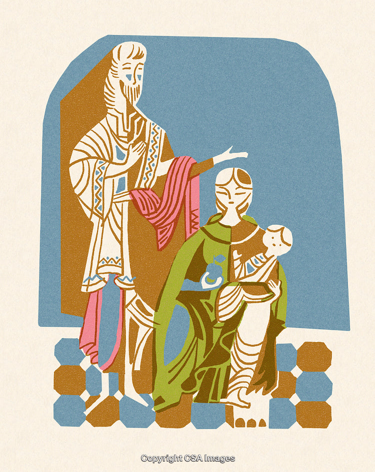Colorful Religious-Themed Illustration Depicting a Family in a Stylized Composition