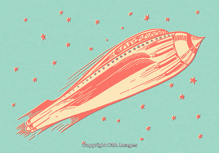 Retro Rocket Illustration Against a Starry Night Sky