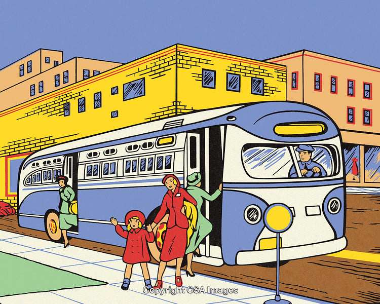 Urban Public Bus Scene With People Exiting and Bright Buildings