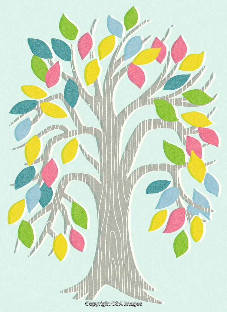 Colorful Tree Illustration with Multi-Colored Leaves and Tranquil Background