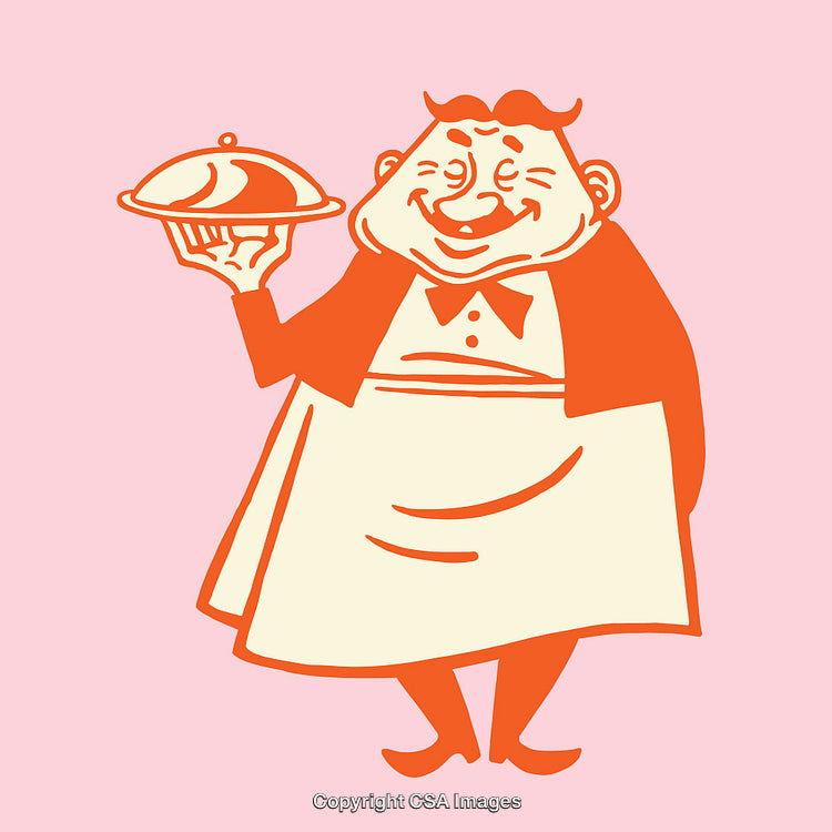 Vintage Illustration of a Chef Holding a Covered Serving Dish