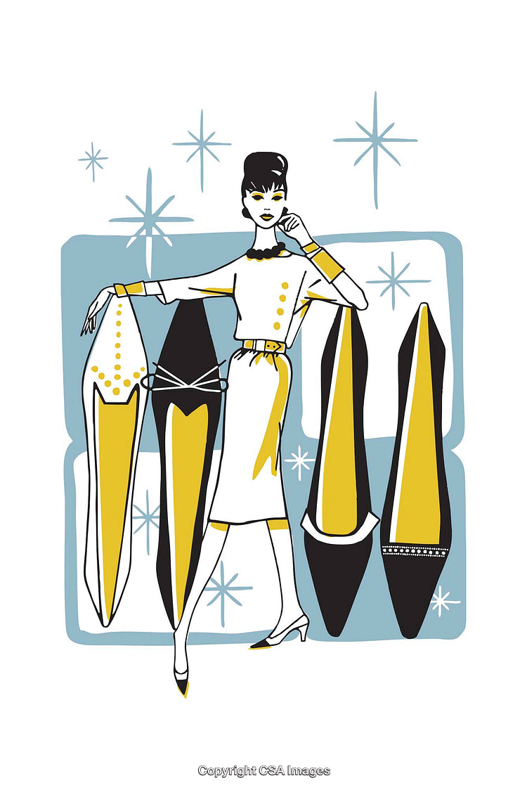 Vintage Fashion Inspired Illustration Featuring Elegant Woman with Stylish Shoes