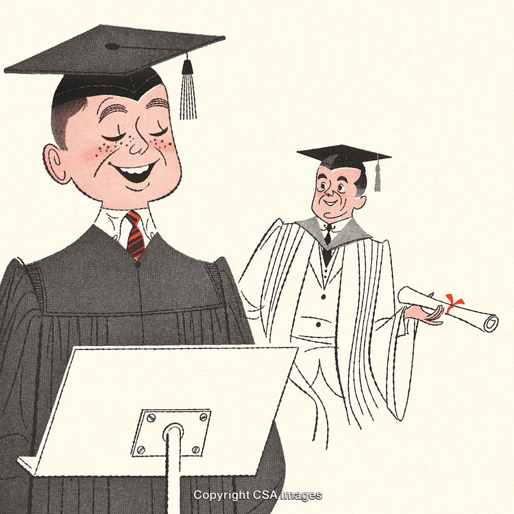 Vintage Illustration of a Graduation Ceremony with Speech and Diploma Presentation