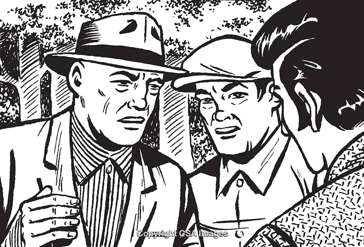 Vintage Black and White Illustration Depicting People in a Serious Conversation