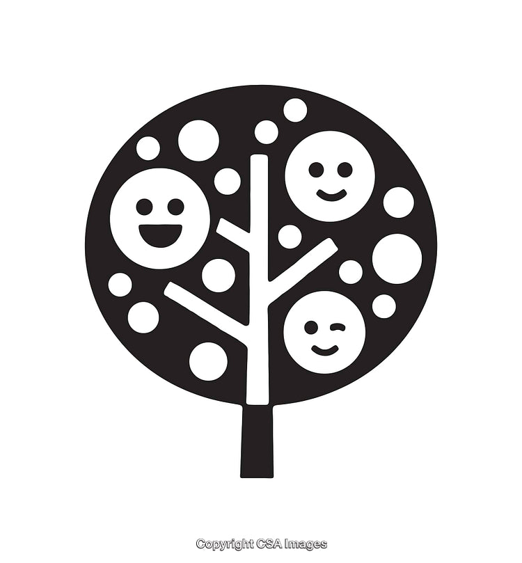 Black and White Line Art Illustration of a Tree with Emotional Faces