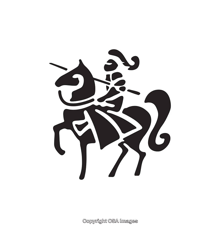Silhouette of a Knight on Horseback Holding a Lance in Black and White